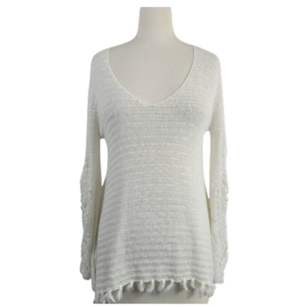 Calypso St. Barths Open Weave Linen Sweater Off White Fringe Xs